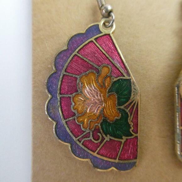Vintage Cloisonne Dangle Fishhook Flower Floral Colorful Earrings Pierced Boho - Picture 2 of 6